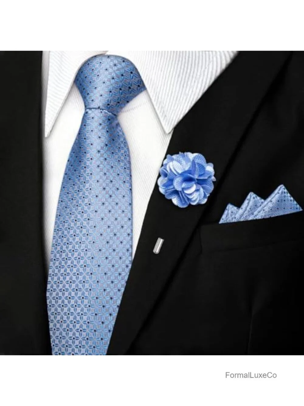 Silk Pre-Tied Zipper Necktie Set with Gift Box, Pocket Square, Cufflinks, Lapel